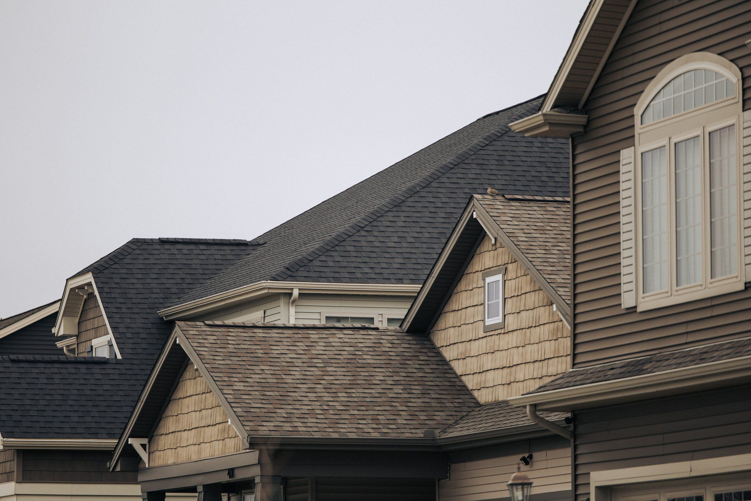 Neighboring homes with charcoal and brown architectural shingle roofs and several gables
