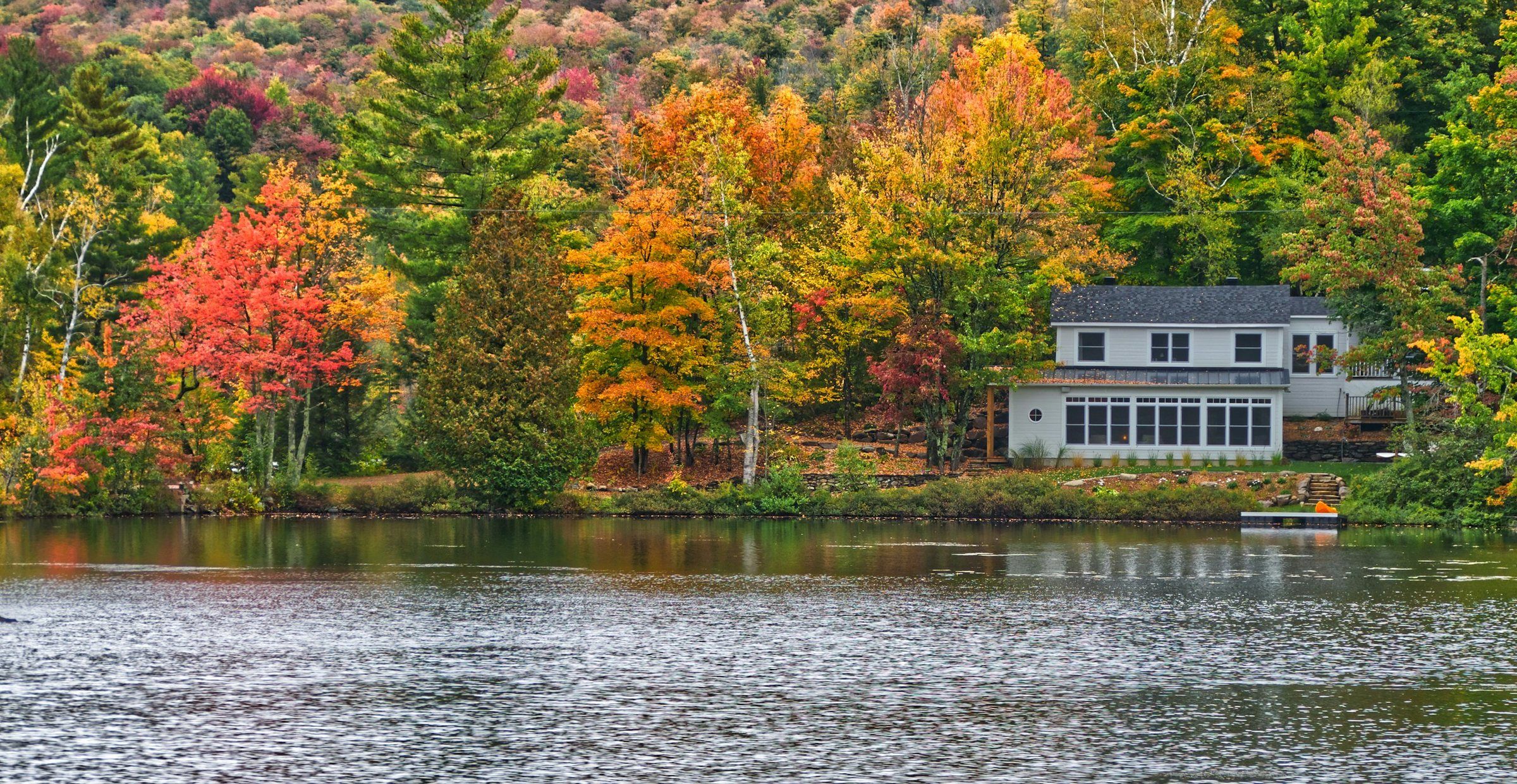 Lakefront home surrounded by fall foliage on a calm lake