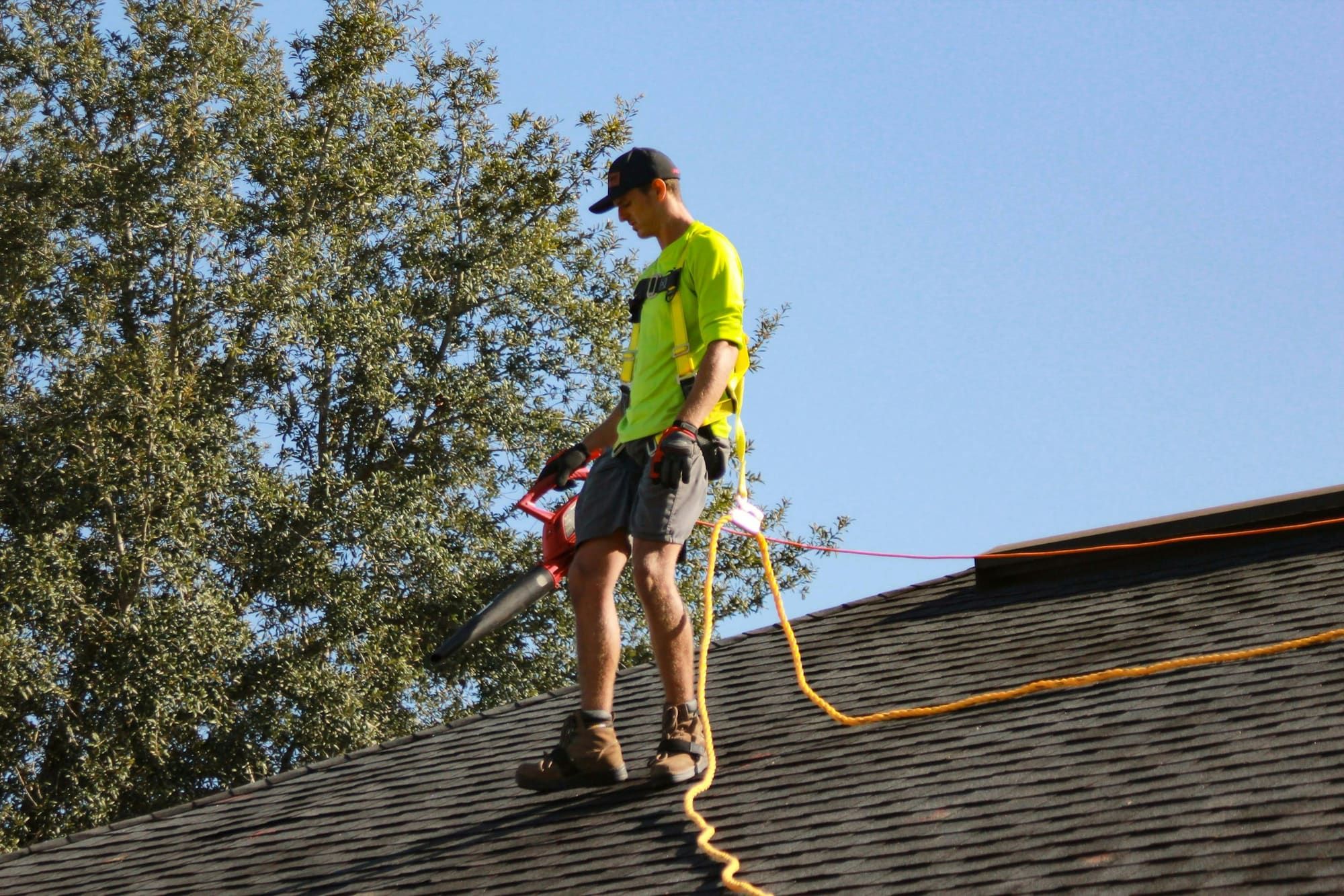 Roofer in a safety harness clearing a shingle roof with a leaf blower