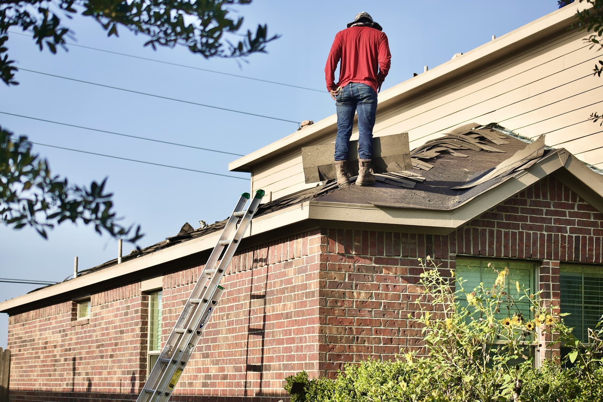 Roofer standing on a section of roof where the shingles have been torn up, with a ladder against the house
