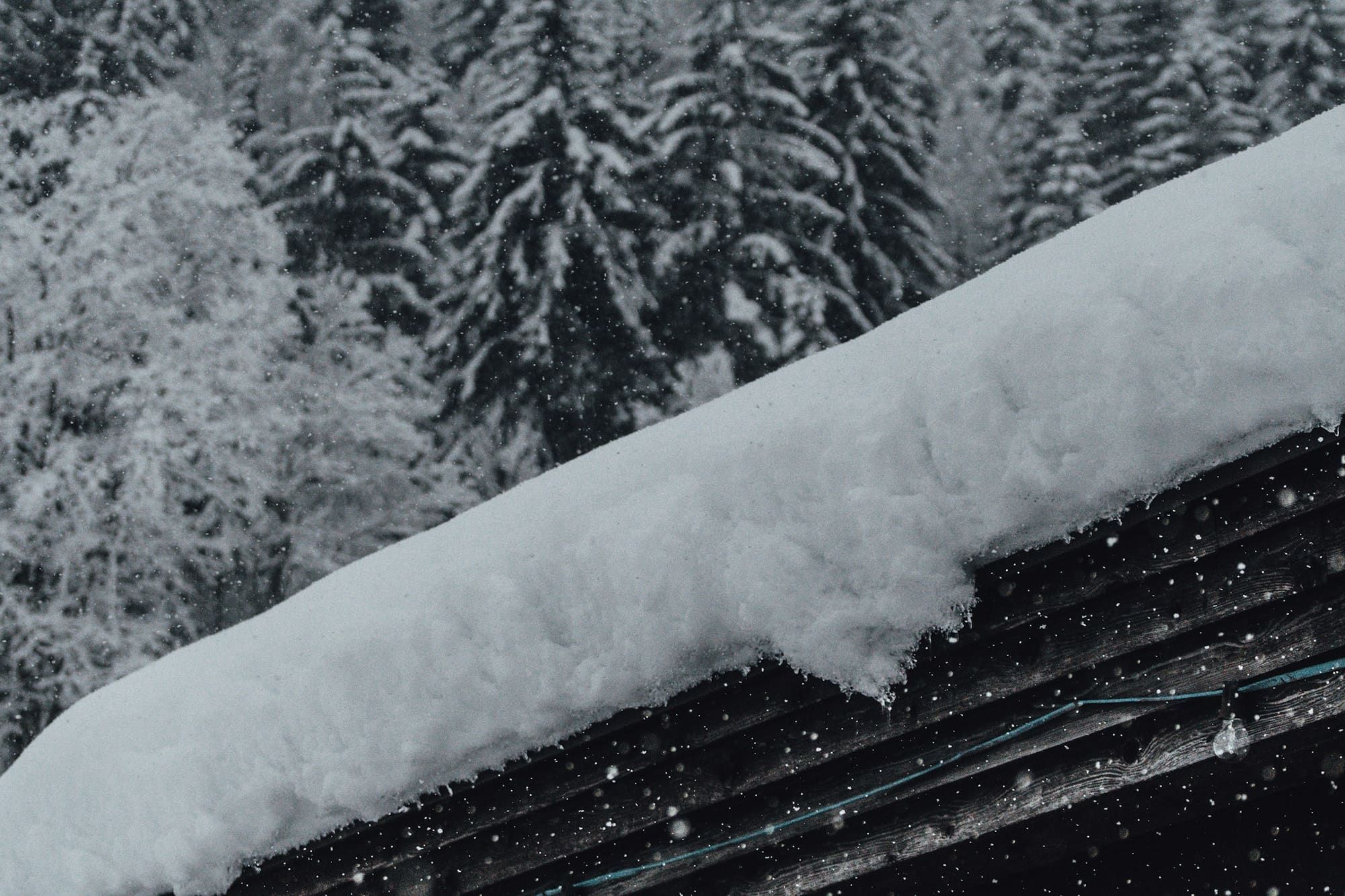Thick slab of snow sliding off the edge of a metal roof